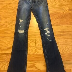 BKE Women's Dark Blue Distressed Flare Jeans
